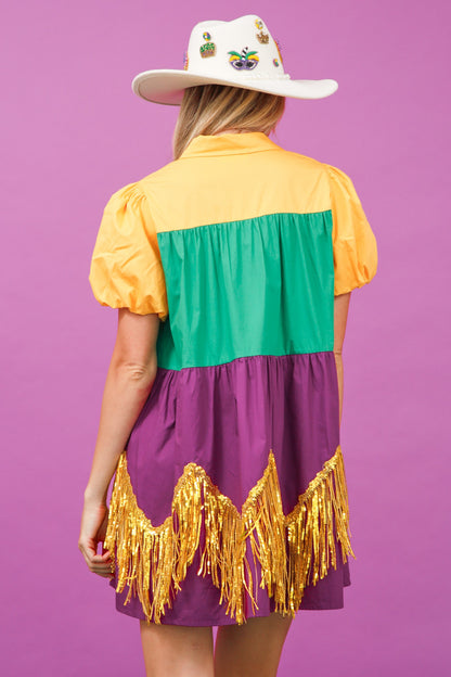 Color Block Mardi Gras Dress With Foil Fringe