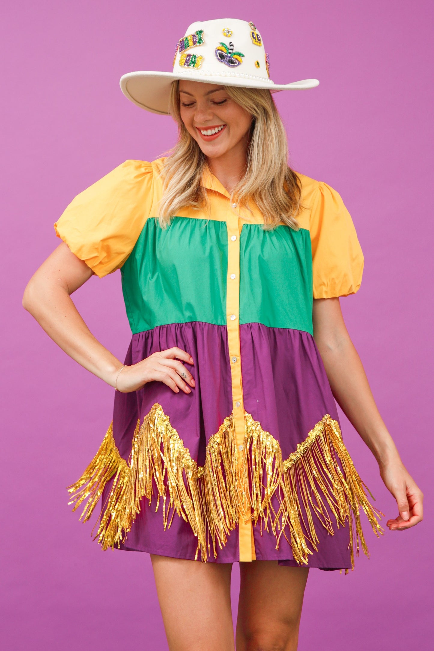 Color Block Mardi Gras Dress With Foil Fringe