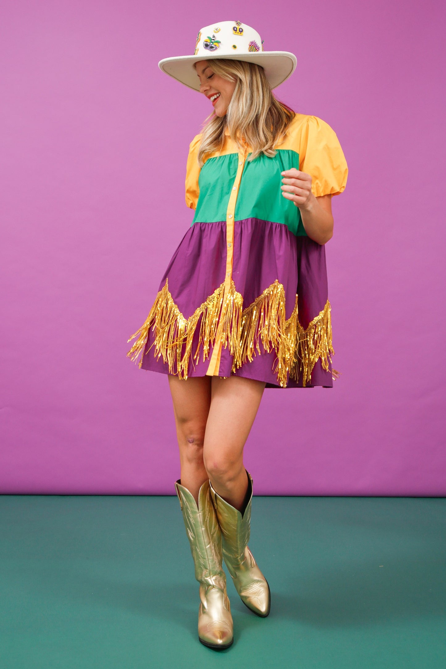 Color Block Mardi Gras Dress With Foil Fringe