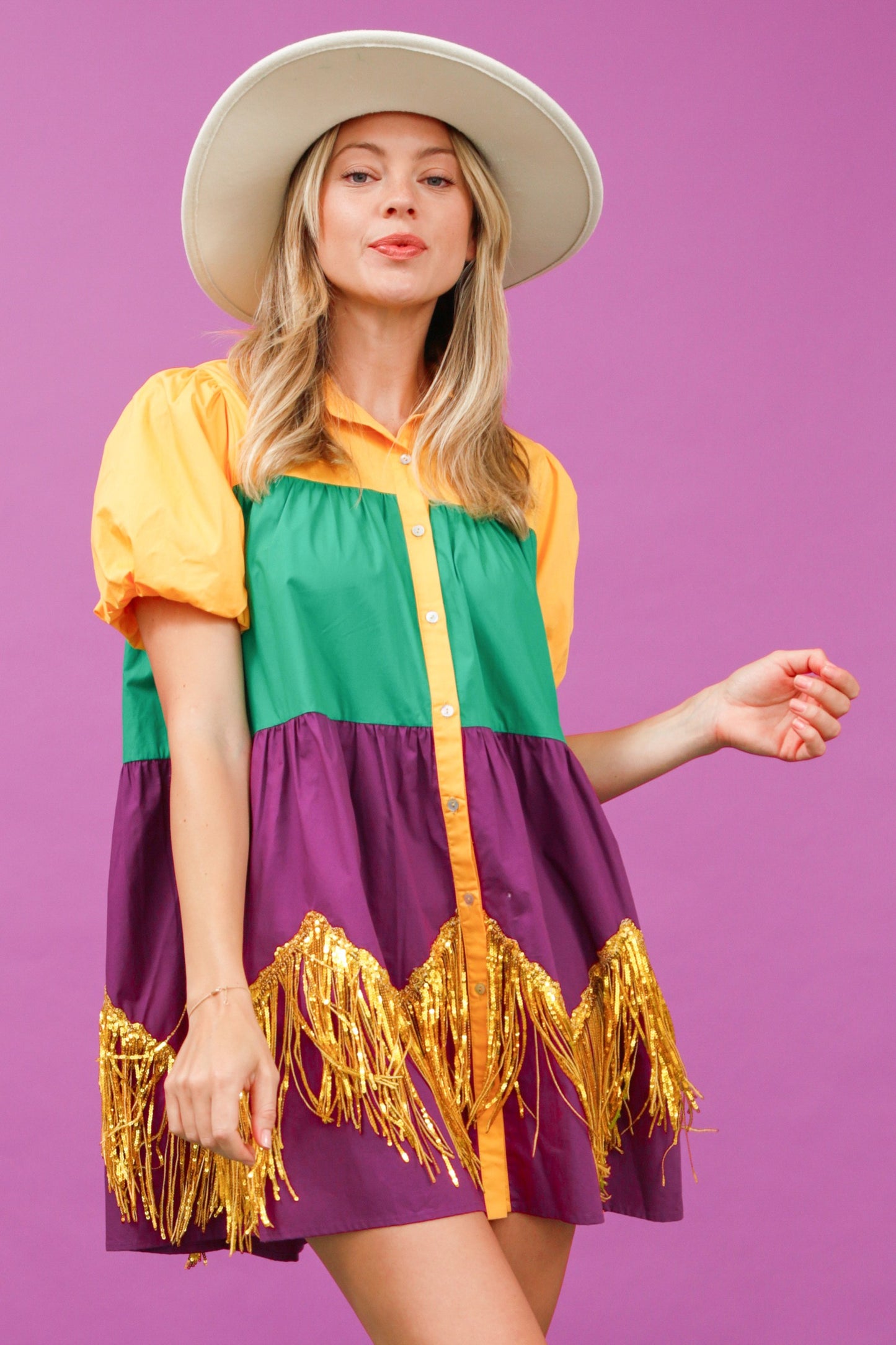 Color Block Mardi Gras Dress With Foil Fringe