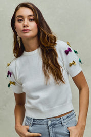Mardi Gras Glitter Ribbon Puff Sleeve Top