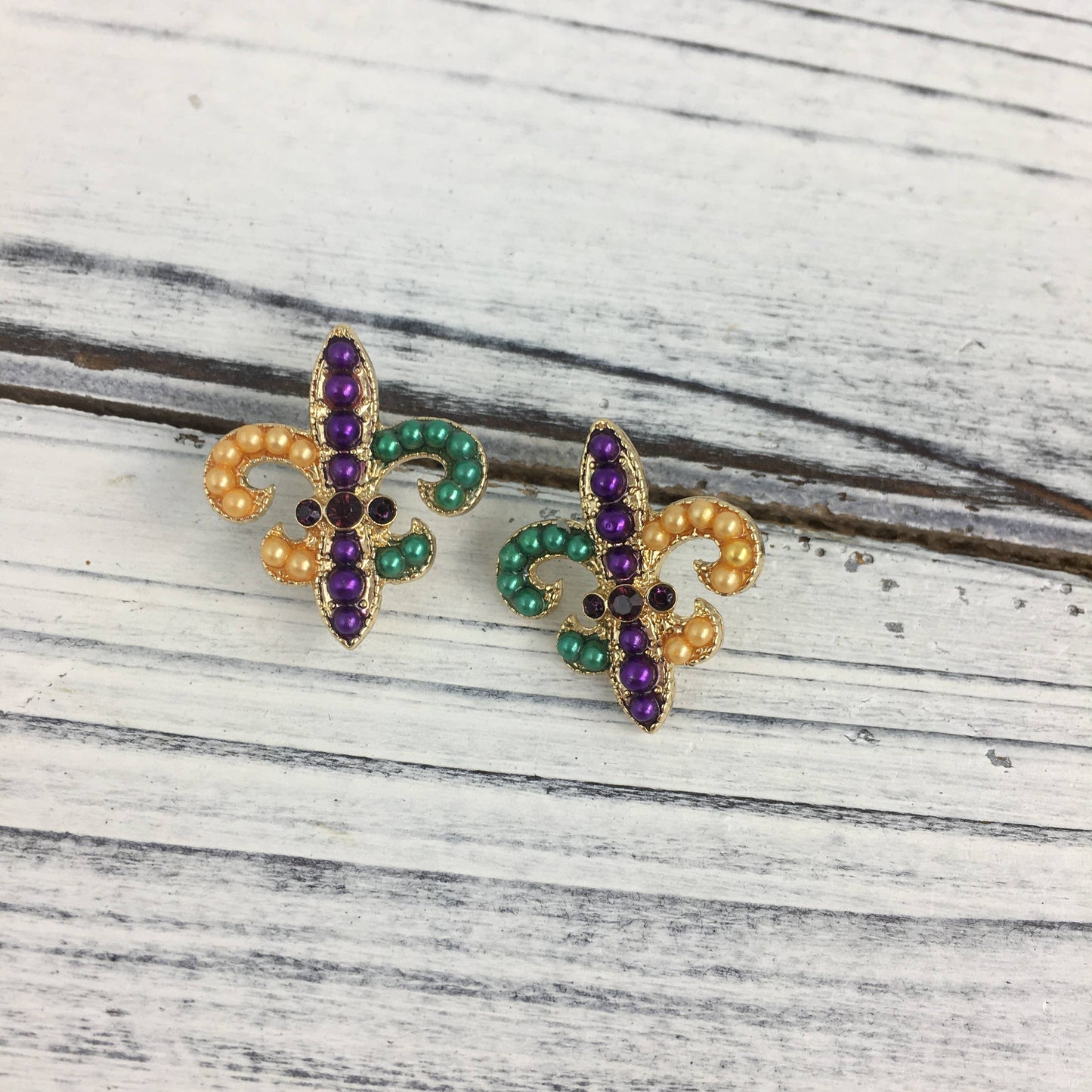 Mardi Gras tiny pearl FDL post earrings 