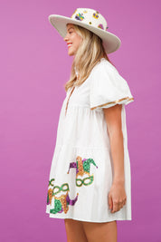Sequin Mardi Gras Mask Poplin Shirt Dress