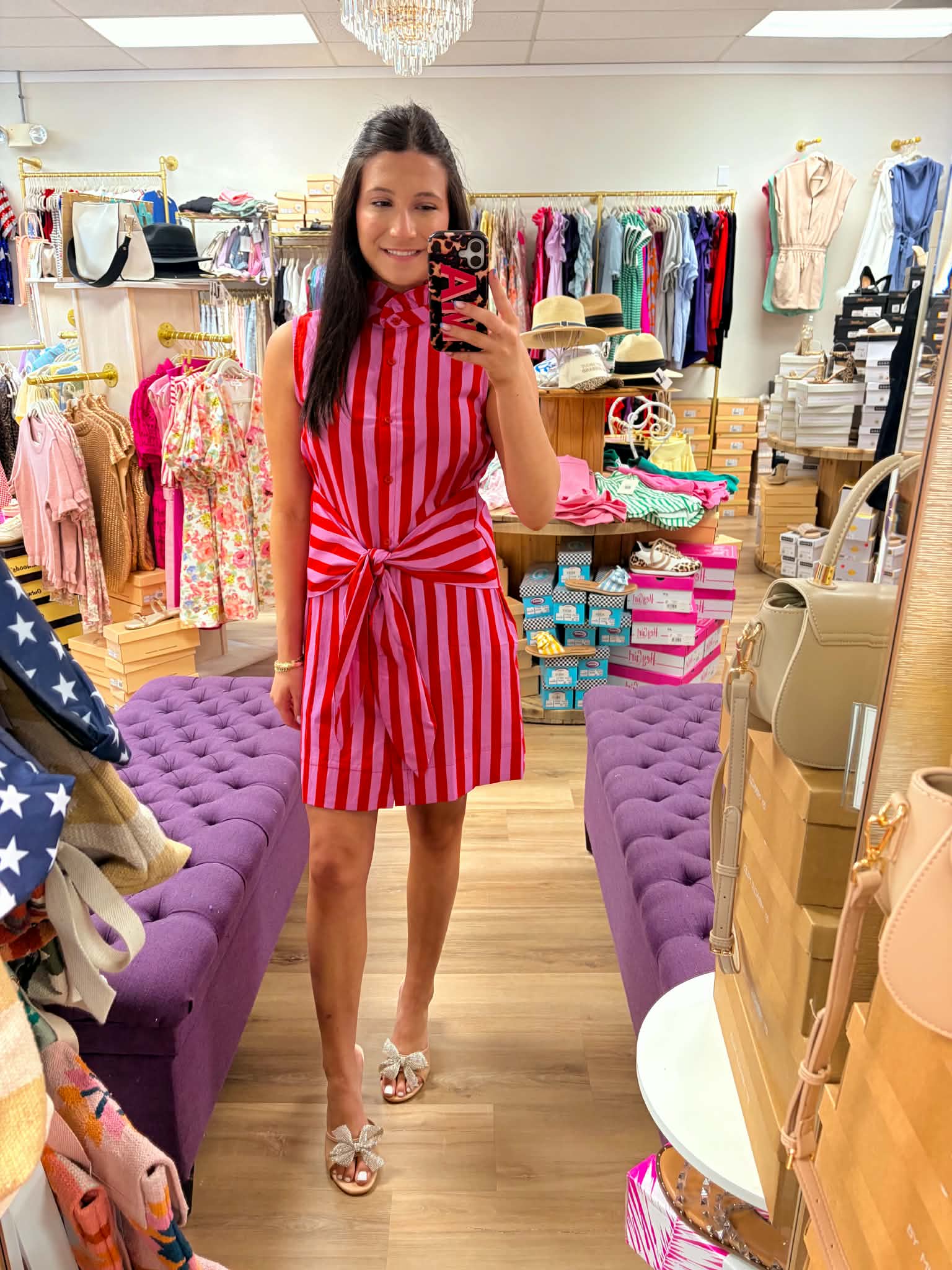 Ruffle Neck Sleeveless Waist Tie Detail Stripe Dress