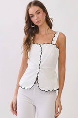 Scallop Trim Square Neckline Sleeveless Top