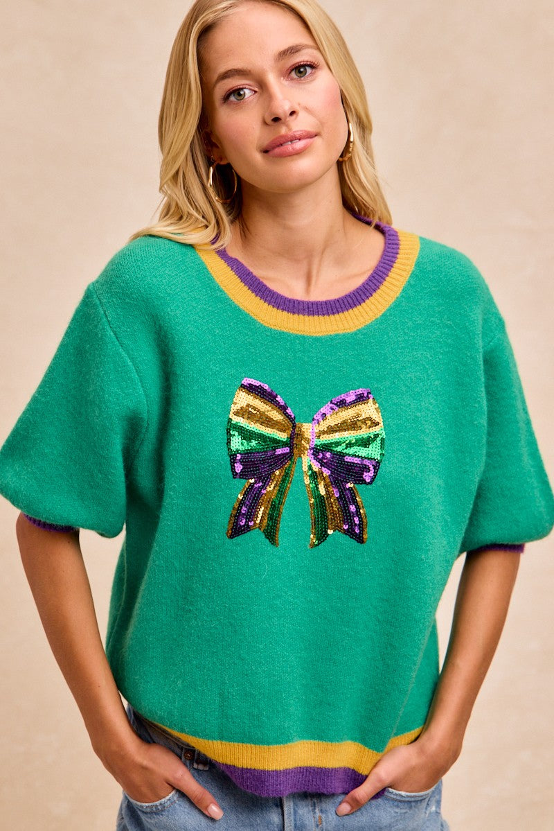 Mardi Gras Sequin Ribbon Patched Sweater Top
