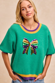 Mardi Gras Sequin Ribbon Patched Sweater Top