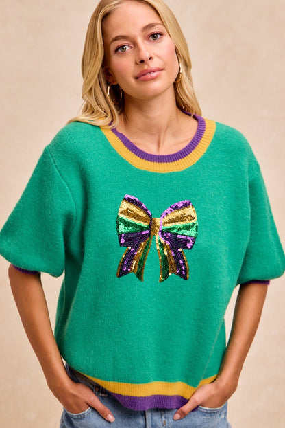 Mardi Gras Sequin Ribbon Patched Sweater Top