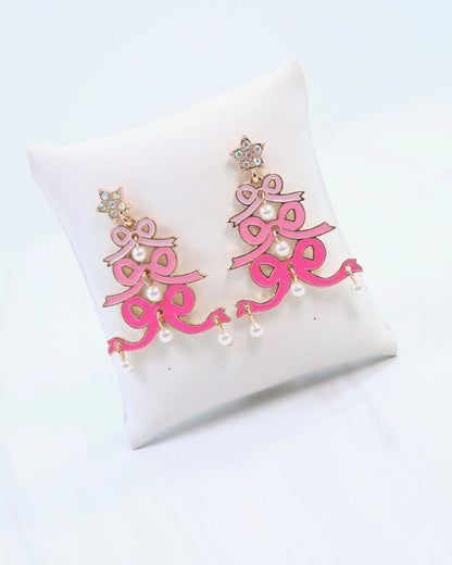 Cheerful Bow Tree Earrimg Pink