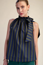 Que the Stripes- Ruffle Neck Tie Top