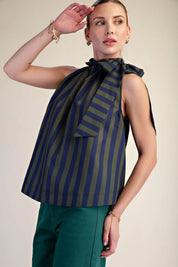 Que the Stripes- Ruffle Neck Tie Top