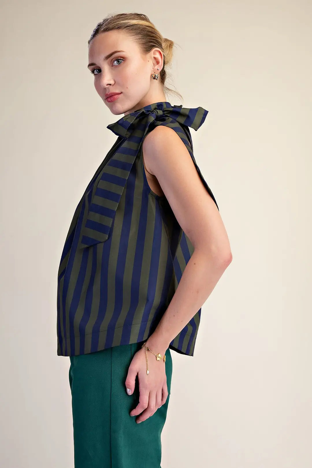 Que the Stripes- Ruffle Neck Tie Top