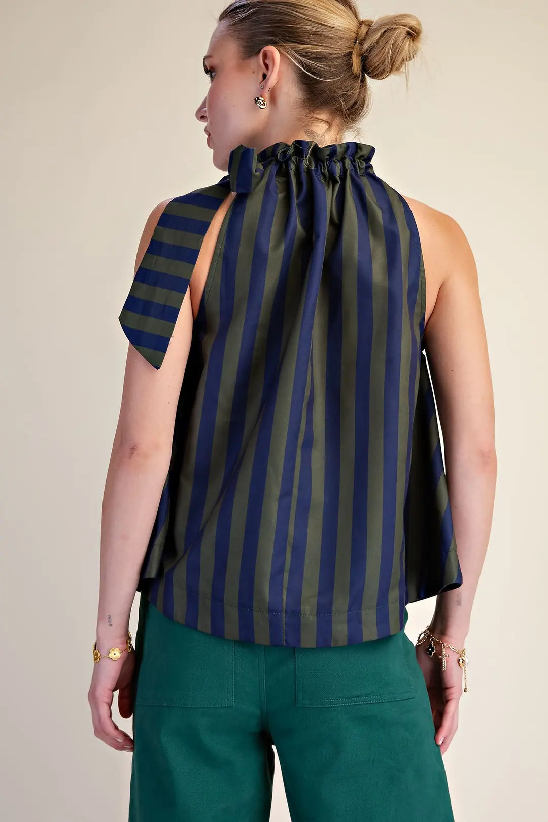 Que the Stripes- Ruffle Neck Tie Top