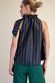 Que the Stripes- Ruffle Neck Tie Top