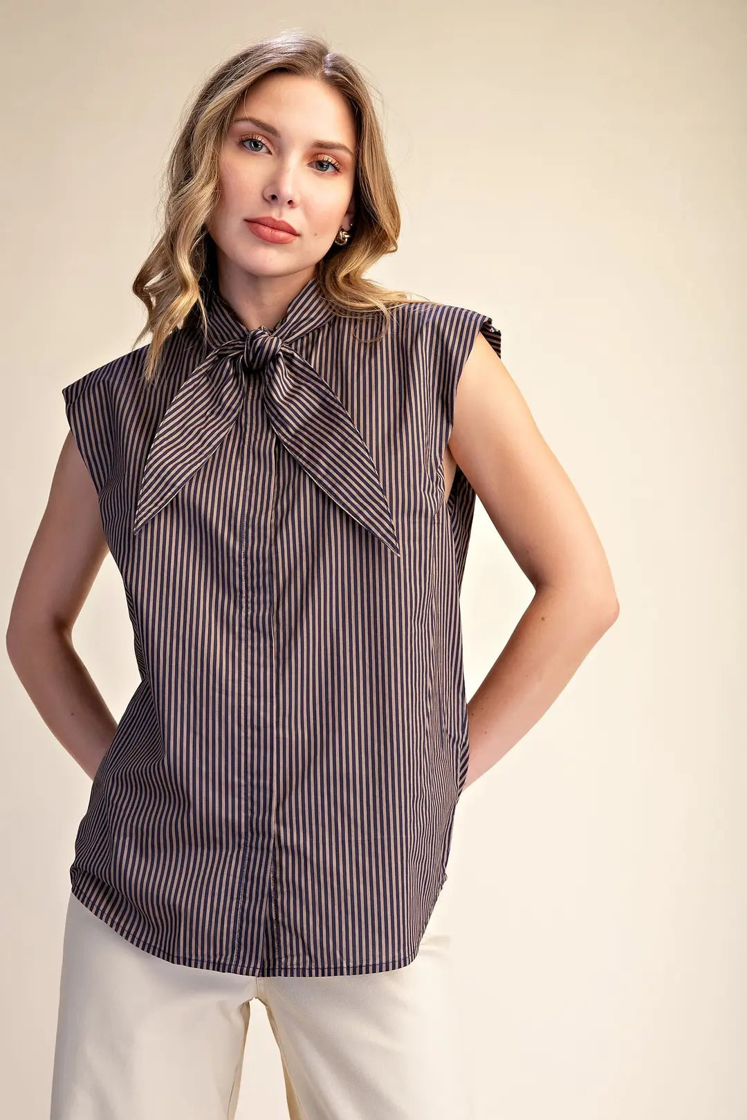 Olivia Top- Sleeveless Striped Top with Tie