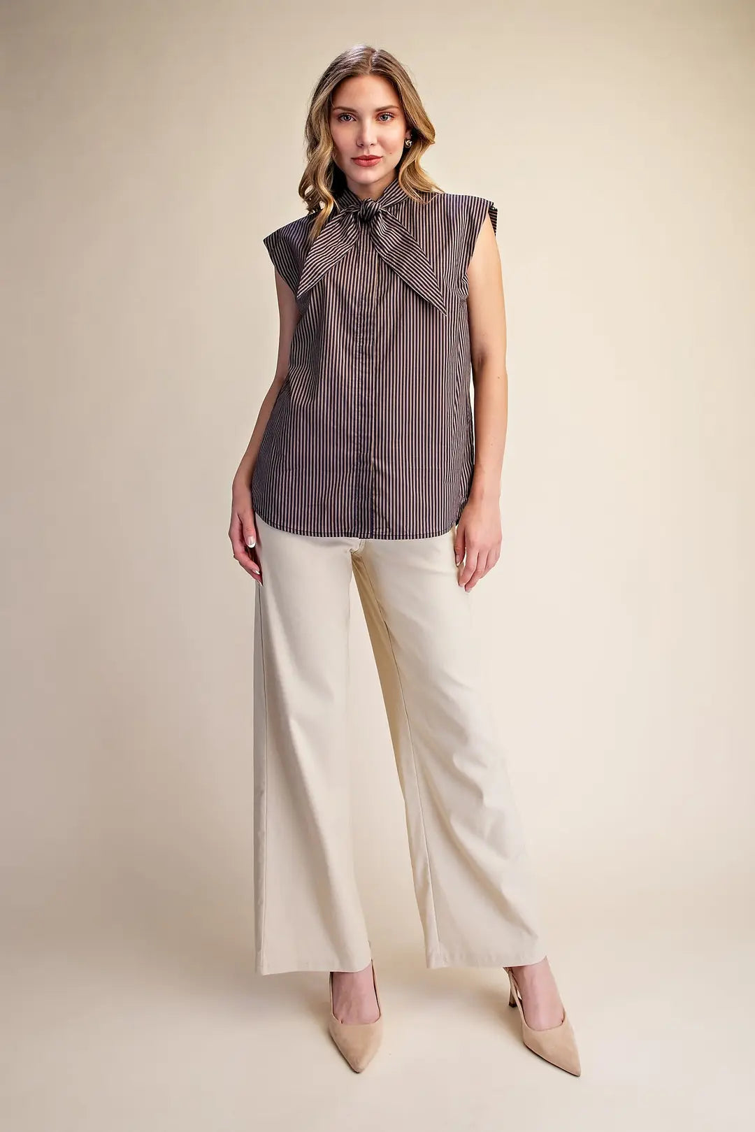 Olivia Top- Sleeveless Striped Top with Tie