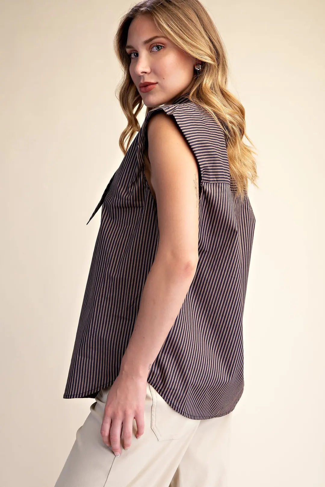 Olivia Top- Sleeveless Striped Top with Tie