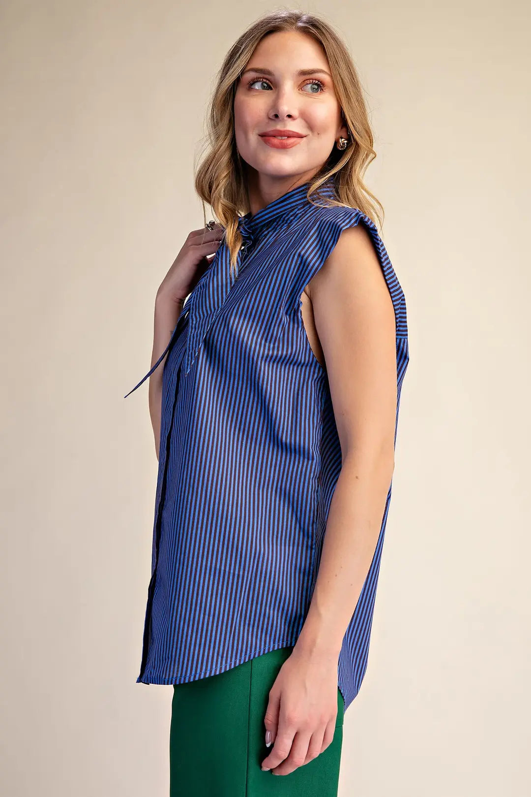 Olivia Top- Sleeveless Striped Top with Tie