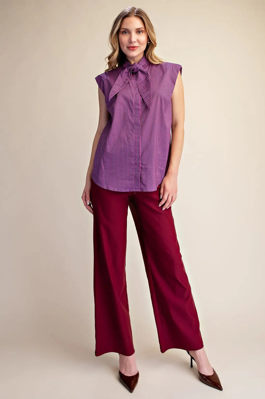 Olivia Top- Sleeveless Striped Top with Tie
