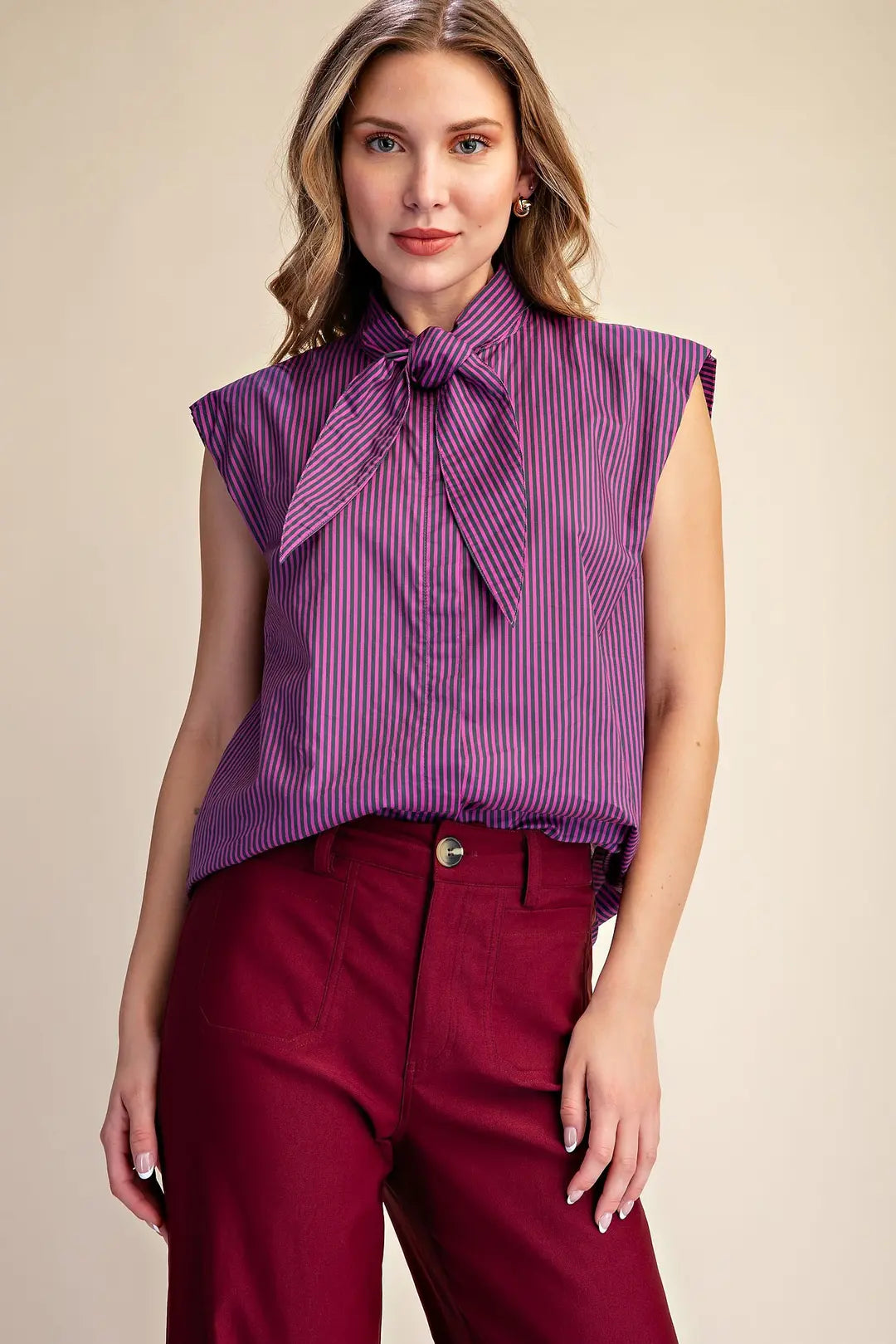 Olivia Top- Sleeveless Striped Top with Tie