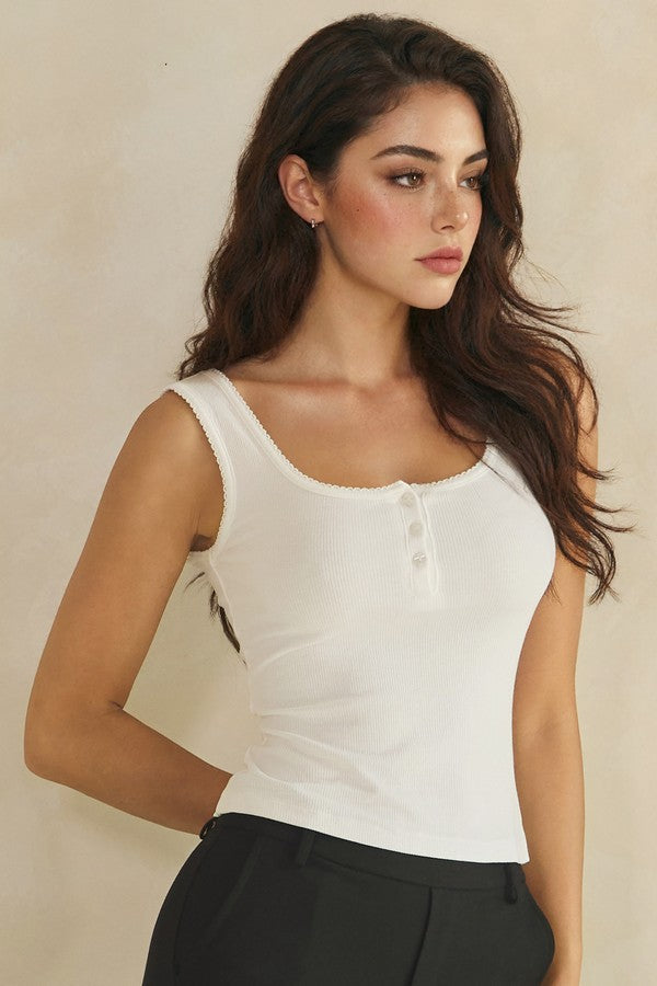 Ribbed Scoop Neck Button Front Tank