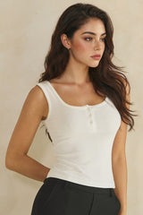 Ribbed Scoop Neck Button Front Tank