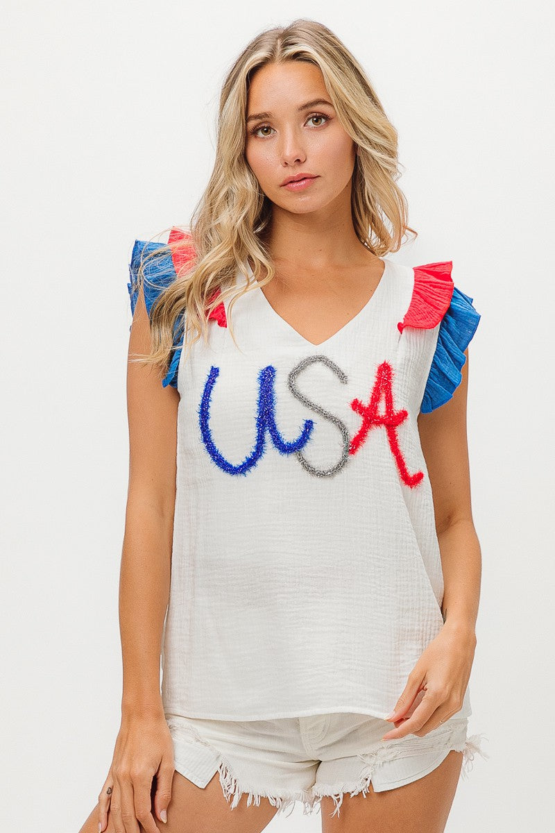 USA Tinsel Flutter Sleeve Top