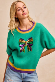 Mardi Gras Sequin Ribbon Patched Sweater Top