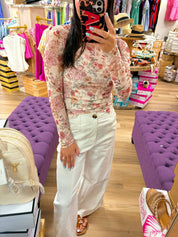 Floral Print Mesh Knit Long Sleeve Top
