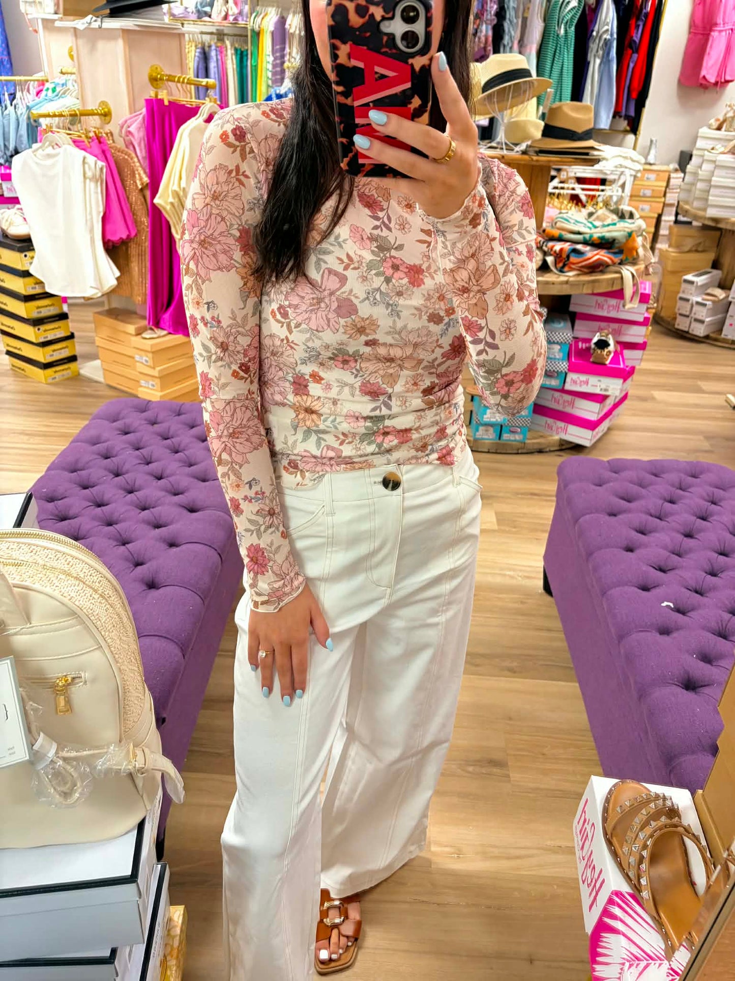 Floral Print Mesh Knit Long Sleeve Top
