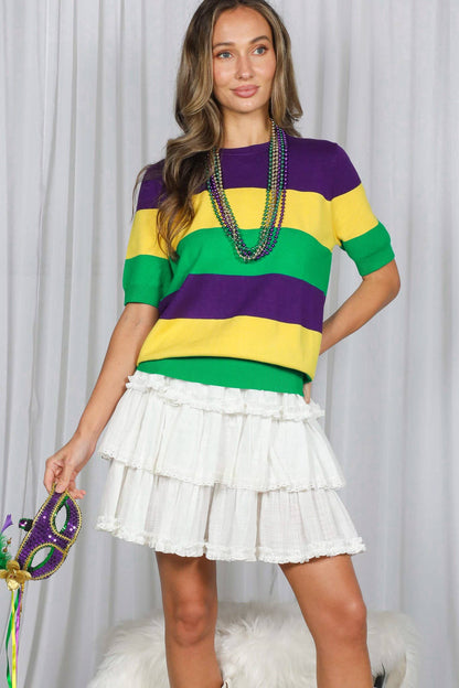 On the Route - Mardi Gras Crew Neck Color Block Top