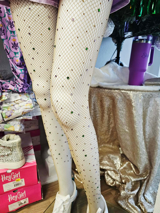 Tan Rhinestone Mardi Gras Fishnets - FINAL SALE