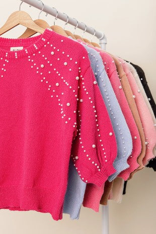 Pearl Beaded Short Sleeve Sweater