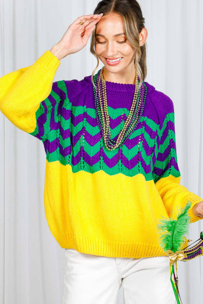 Holiday- Fair Isle Accent Mardi Gras Knitted Sweater