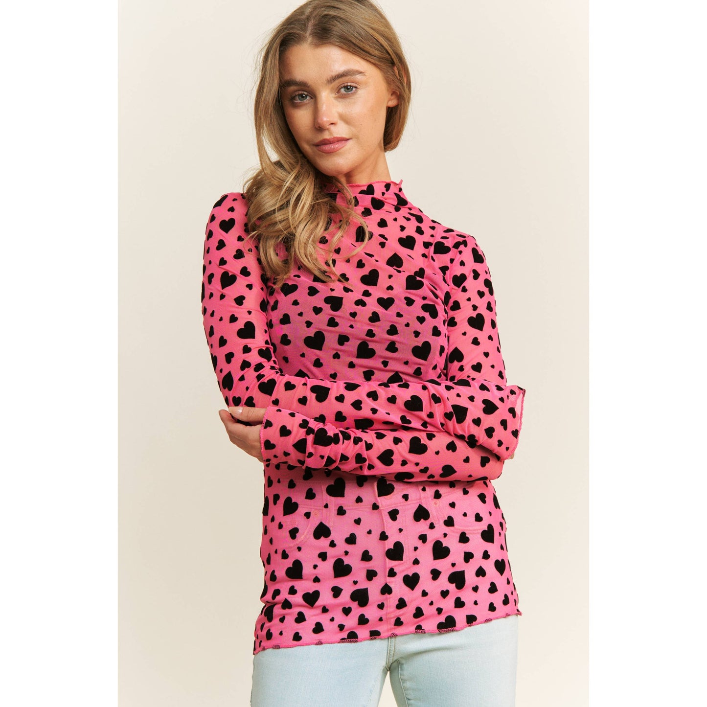 MESH HEART FLOCKING HIGH NECK DESIGN LONG SLEEVE FITTED TOP
