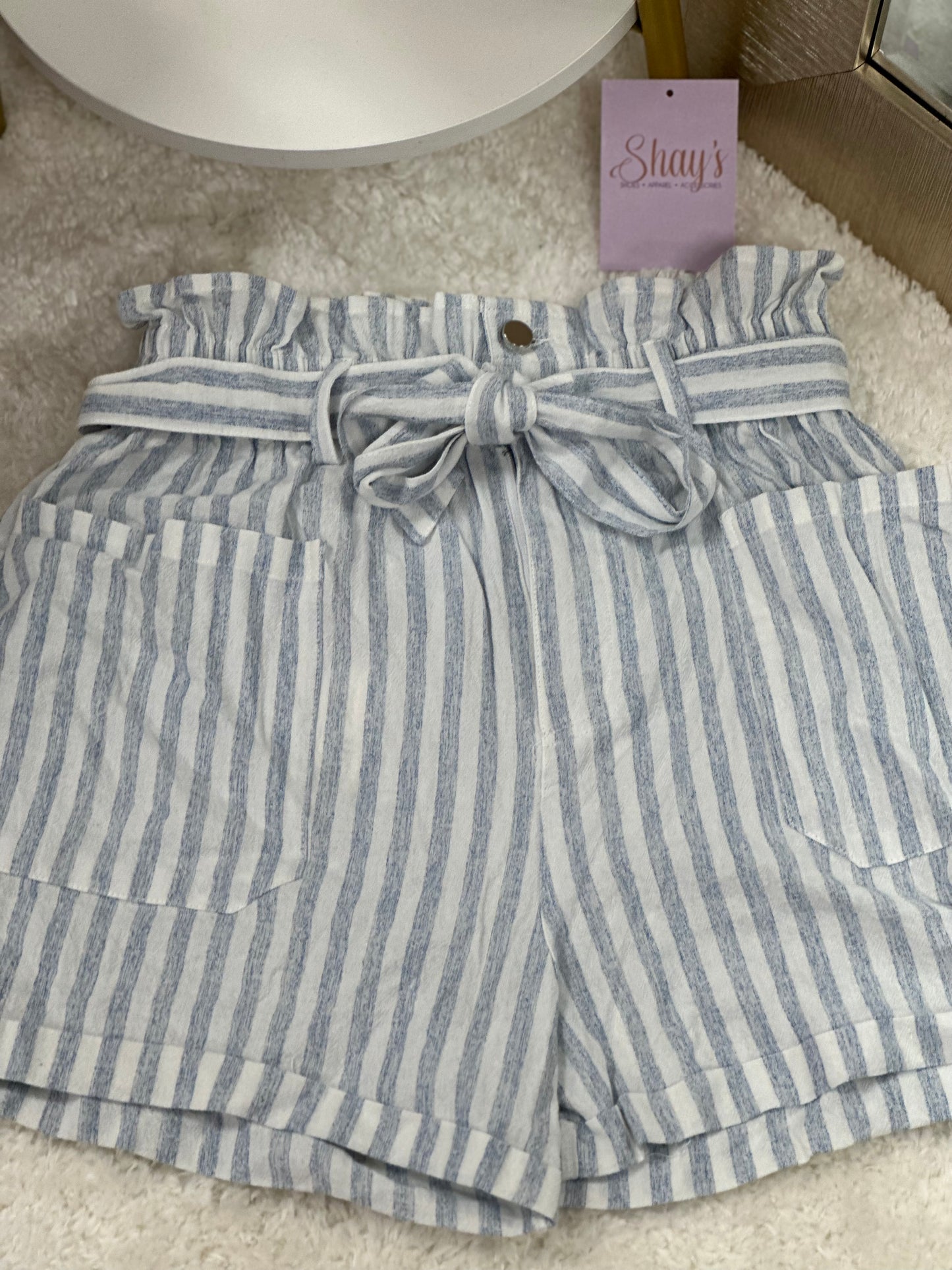 Striped Cotton Elastic Shorts - Blue