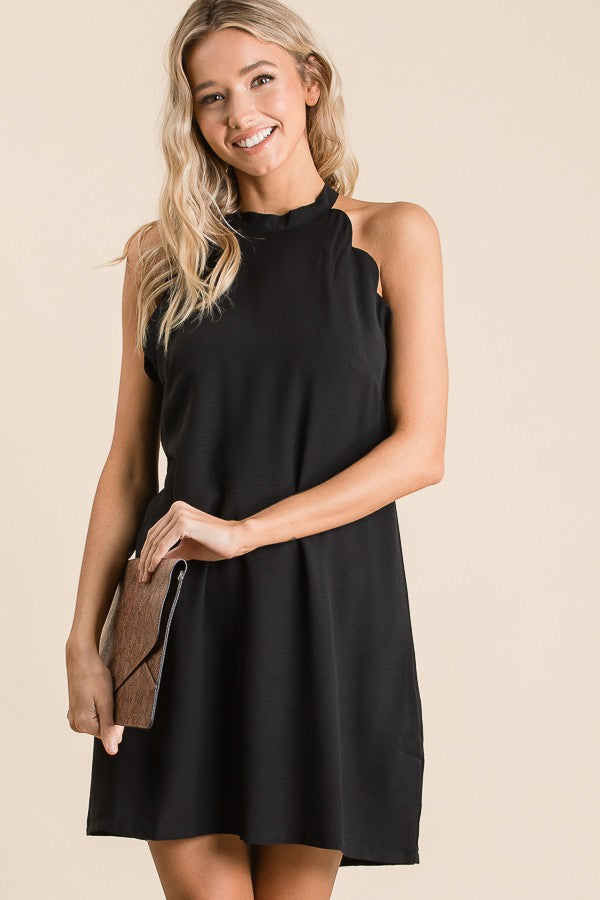 Scalloped Sleeveless Dress - Black