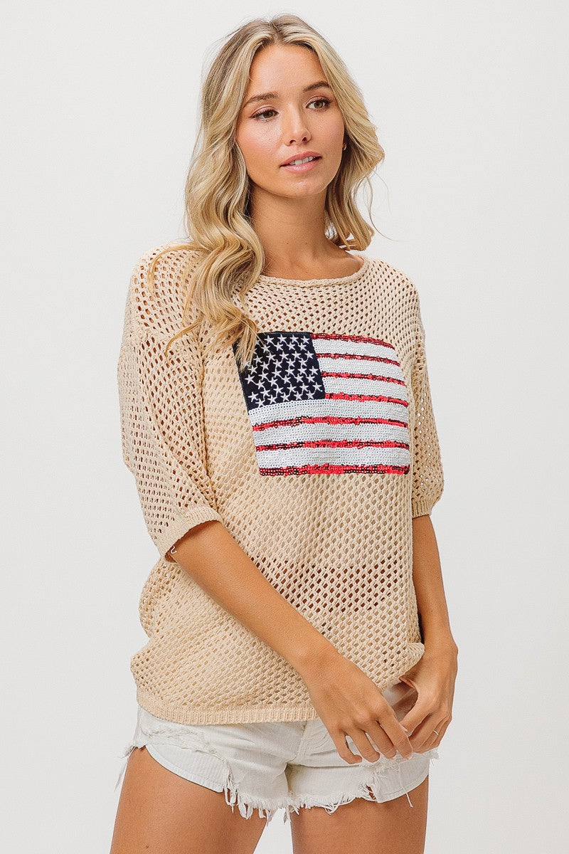 Sequin Flag Open Knit Top