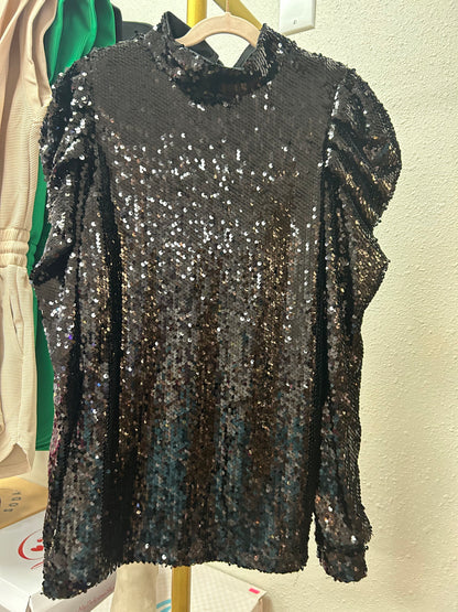 Sequin Mock Neck Bubble Sleeve Top