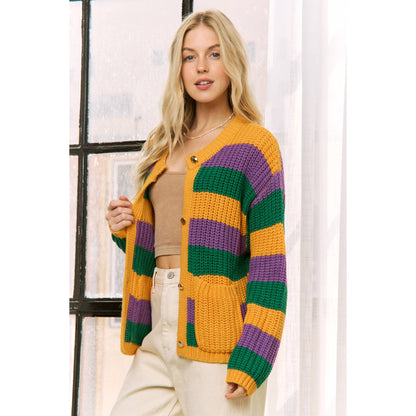 Krewe of Chaos- MARDI GRAS STRIPED CARDIGAN