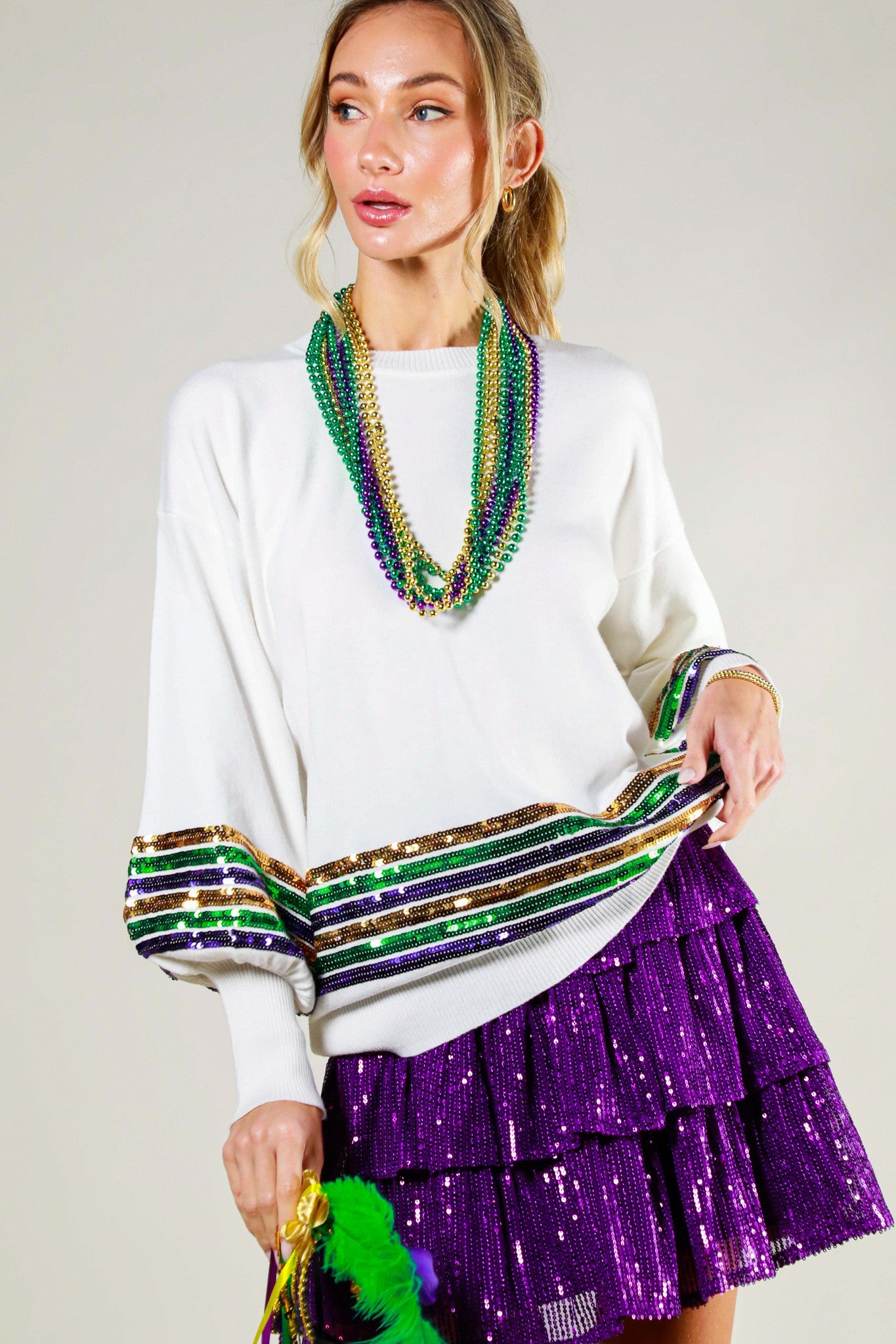 SEQUIN TRIM DETAIL MARDI GRAS SWEATER TOP