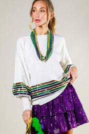 SEQUIN TRIM DETAIL MARDI GRAS SWEATER TOP
