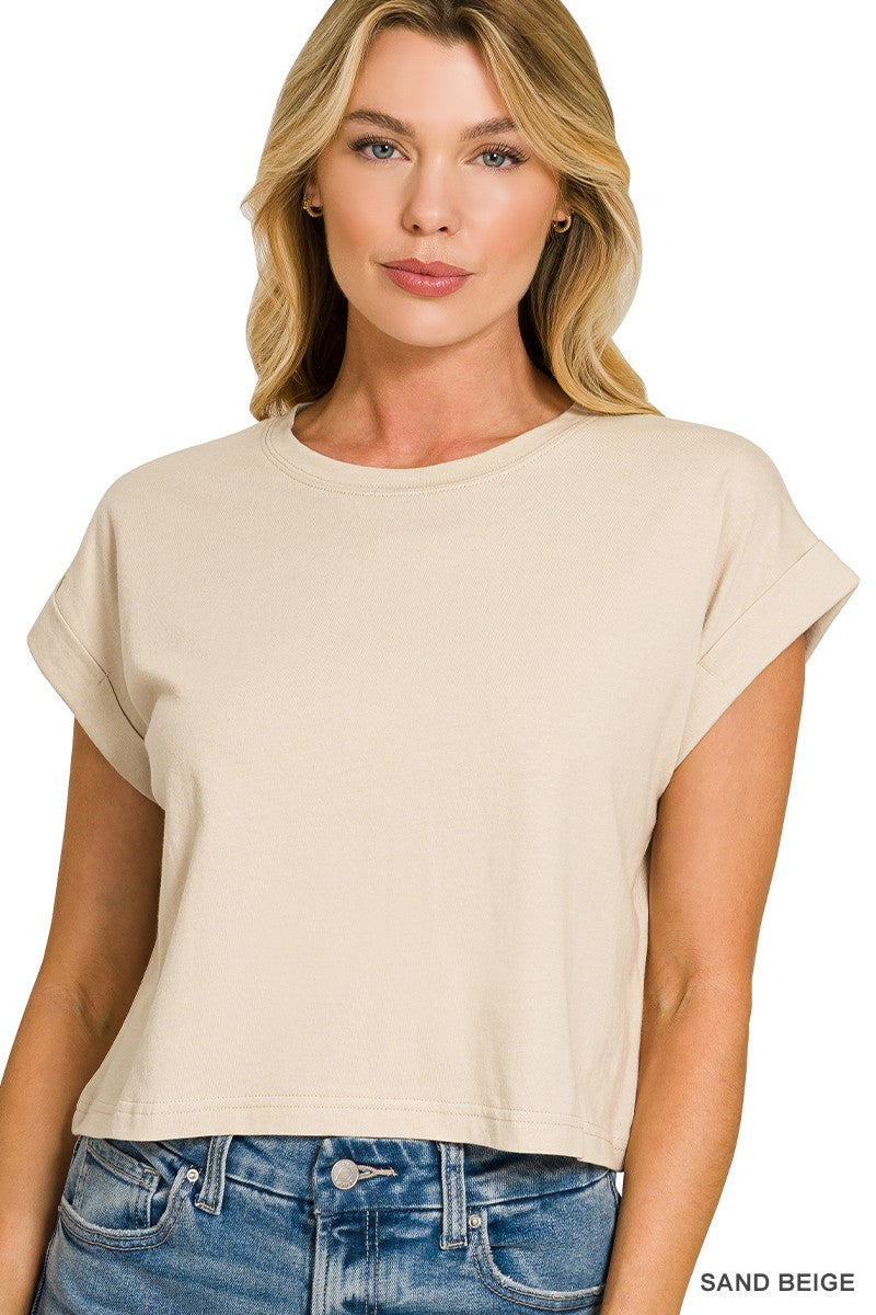 COTTON CROP- FOLDED SLEEVE TOP