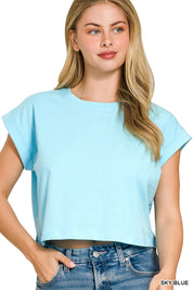 COTTON CROP- FOLDED SLEEVE TOP