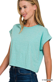 COTTON CROP- FOLDED SLEEVE TOP