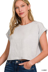 COTTON CROP- FOLDED SLEEVE TOP