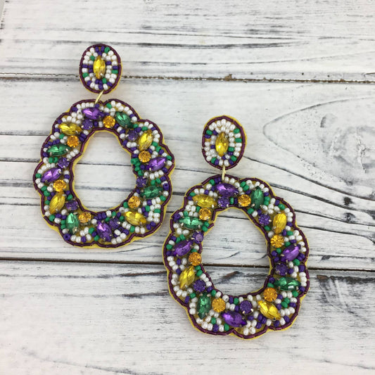 Mardi Gras fancy beaded king cake earrings