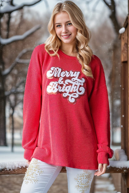 Merry & Bright- SOLID URBAN RIBBED SEQUINS CHRISTMAS TOP