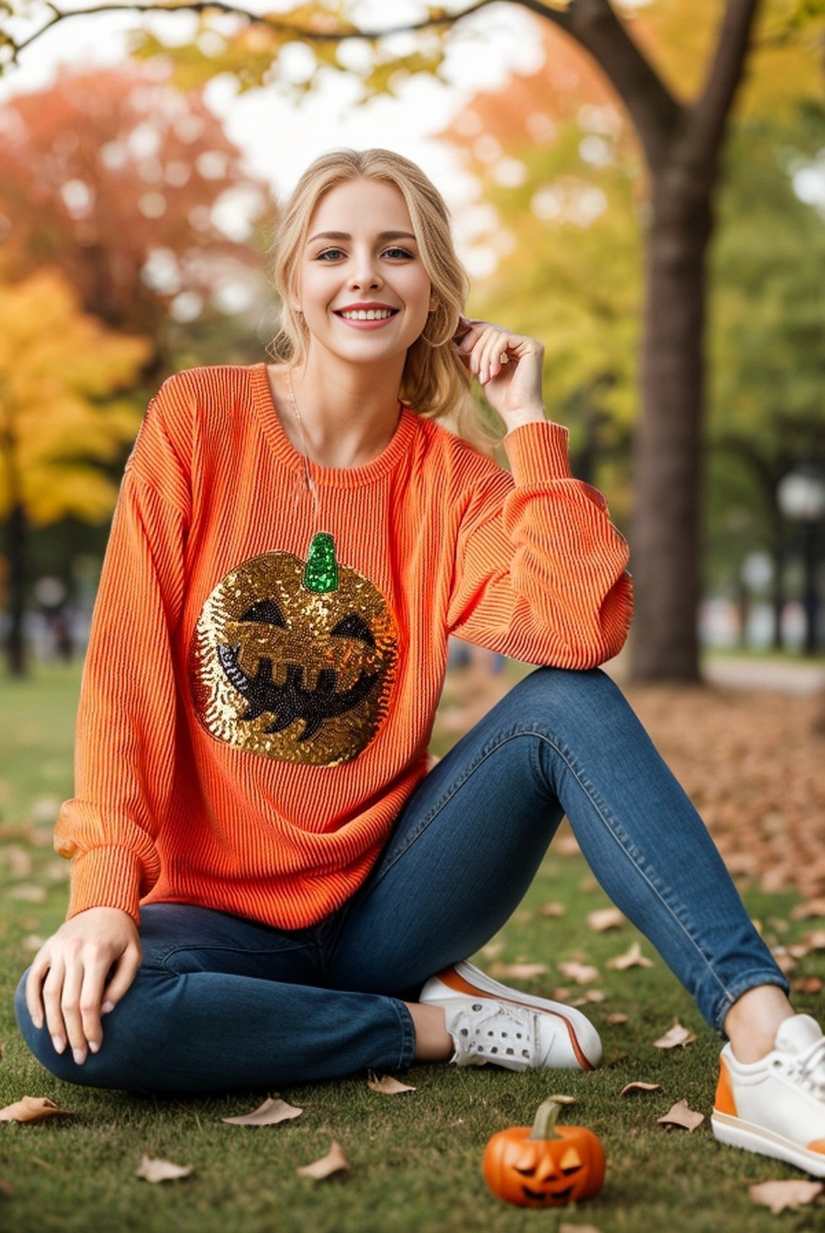 Pumpkin Fever-  Long Sleeve Sequin Pumpkin Top