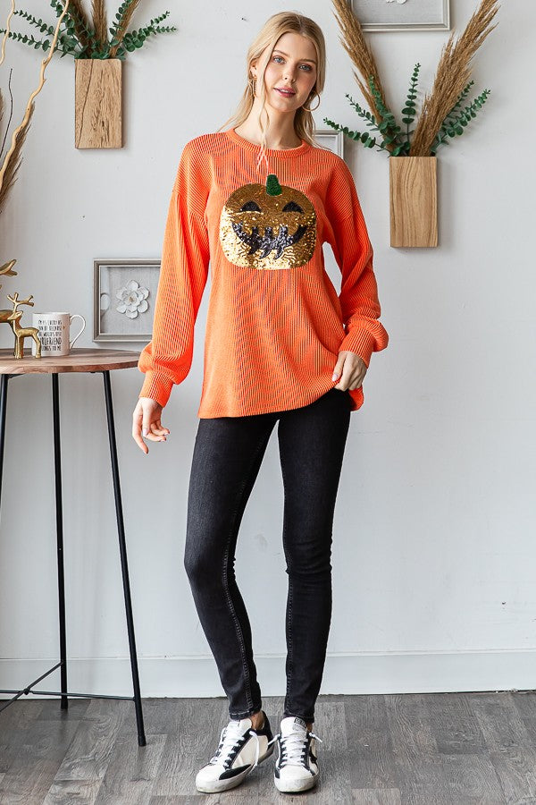 Pumpkin Fever-  Long Sleeve Sequin Pumpkin Top